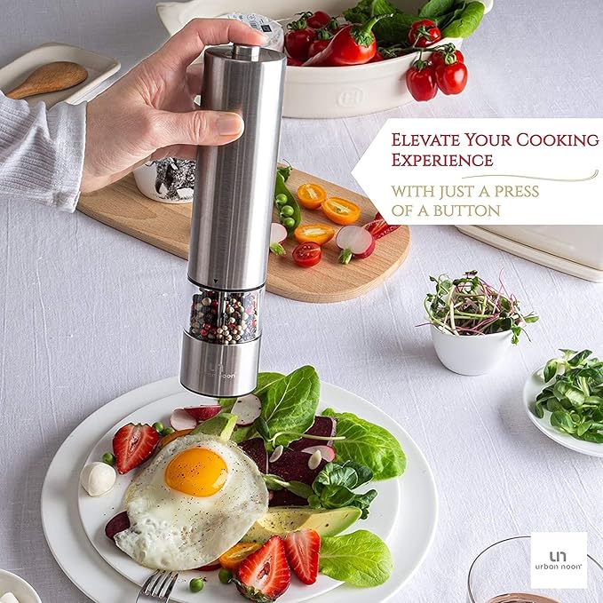 Electric Salt and Pepper Grinder Set - Stainless Steel Battery Operated Salt & Pepper Mills with Light (Pack of 2) - Automatic One Handed Operation Adjustable Ceramic Grinders