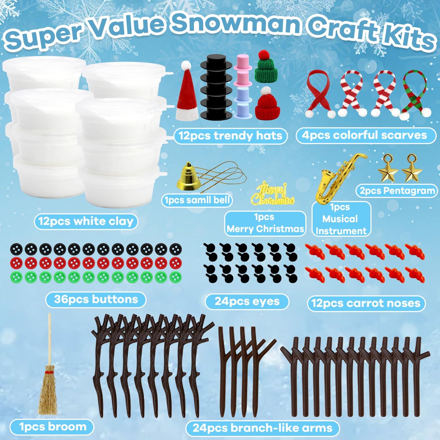 Rtisaeu 12 Pack Christmas Snowman Crafts for Kids, Build a Snowman Kit Indoor Decorations, DIY Snowman Kit Christmas Stocking Stuffers Gift Snowman Making Kit Toys for Activities Party Supplies