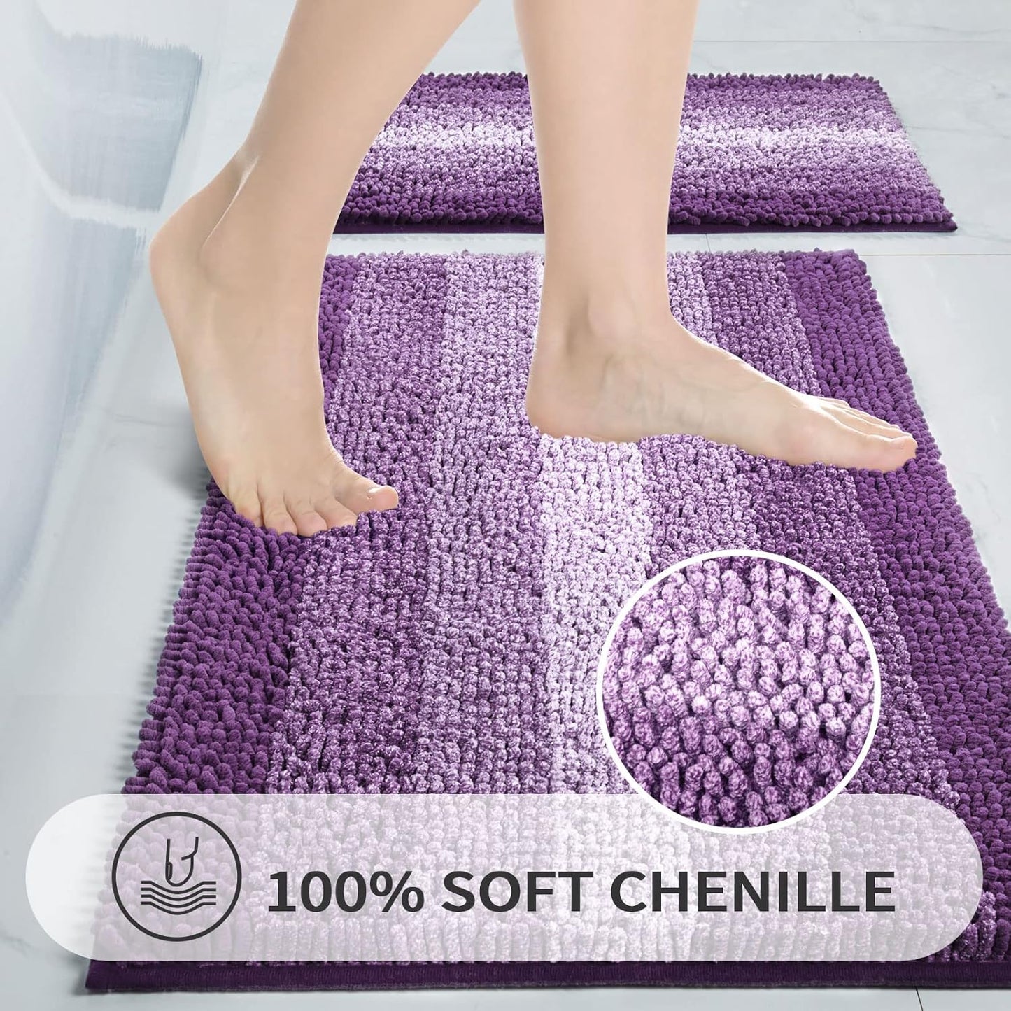 Gibelle Purple Bathroom Rugs, Luxury Chenille Bath Mat, Small Non Slip Shower Rug and Bath Room Floor Mats, Machine Washable, Quick Dry Bathmat, Soft Cozy Plush Rug for Tub, 20" x 32"