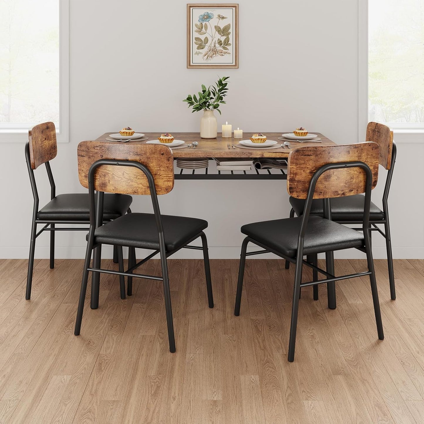 GAOMON 5-Piece Dining Table Set for 4, Wood Kitchen with Built-in Storage Rack,Small Kitchen Table with Upholstered Chairs and Metal Frame for Small Spaces, Retro Color