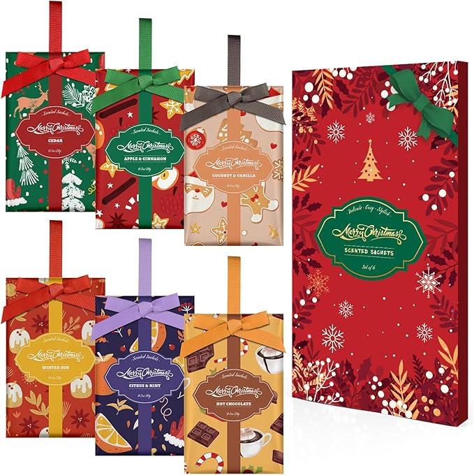 SCENTORINI Scented Sachets for Drawer and Closet, Christmas Long-Lasting Sachets Bags, Cedar, Apple Cinnamon, Coconut & Vanilla, Citrus & Mint, Winter Sun, Hot Chocolate