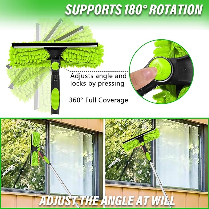 4.5M/14.7ft Window Cleaning Squeegee Tools, 3-in-1 Window Washing Kit with 10 Extension Pole, 2 Microfiber Cloth Brush & Squeegee, Telescopic Window Cleaner Tool for High Window, Car Glass