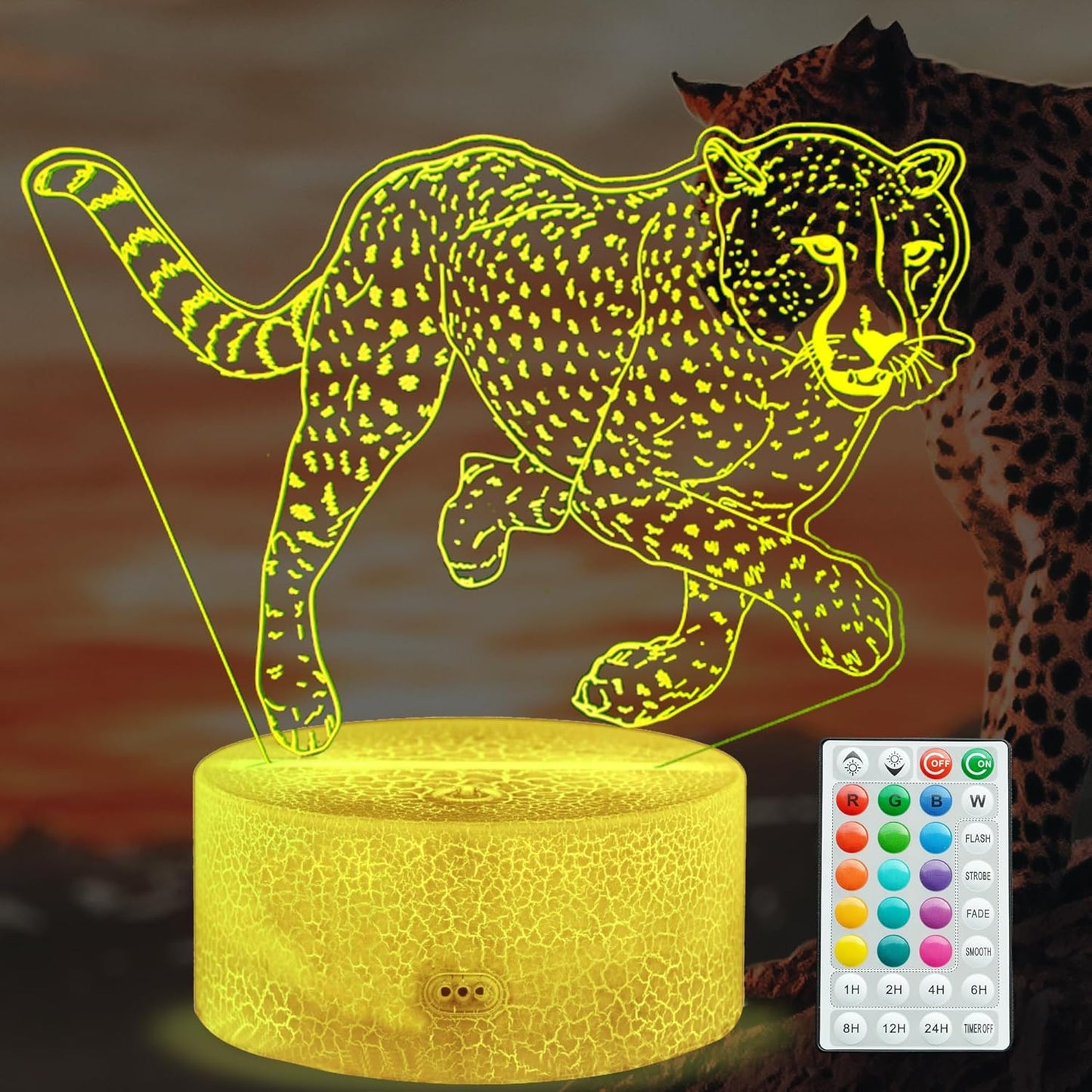 Cheetah Night Light, Cheetah Lamp, Cheetah Gifts 3D Illusion Lamp with 16 Colors Changing, Timer, 4 Flash Modes and Dimmable, Kids Boys Girls Room Decoration, Holiday Xmas Gifts