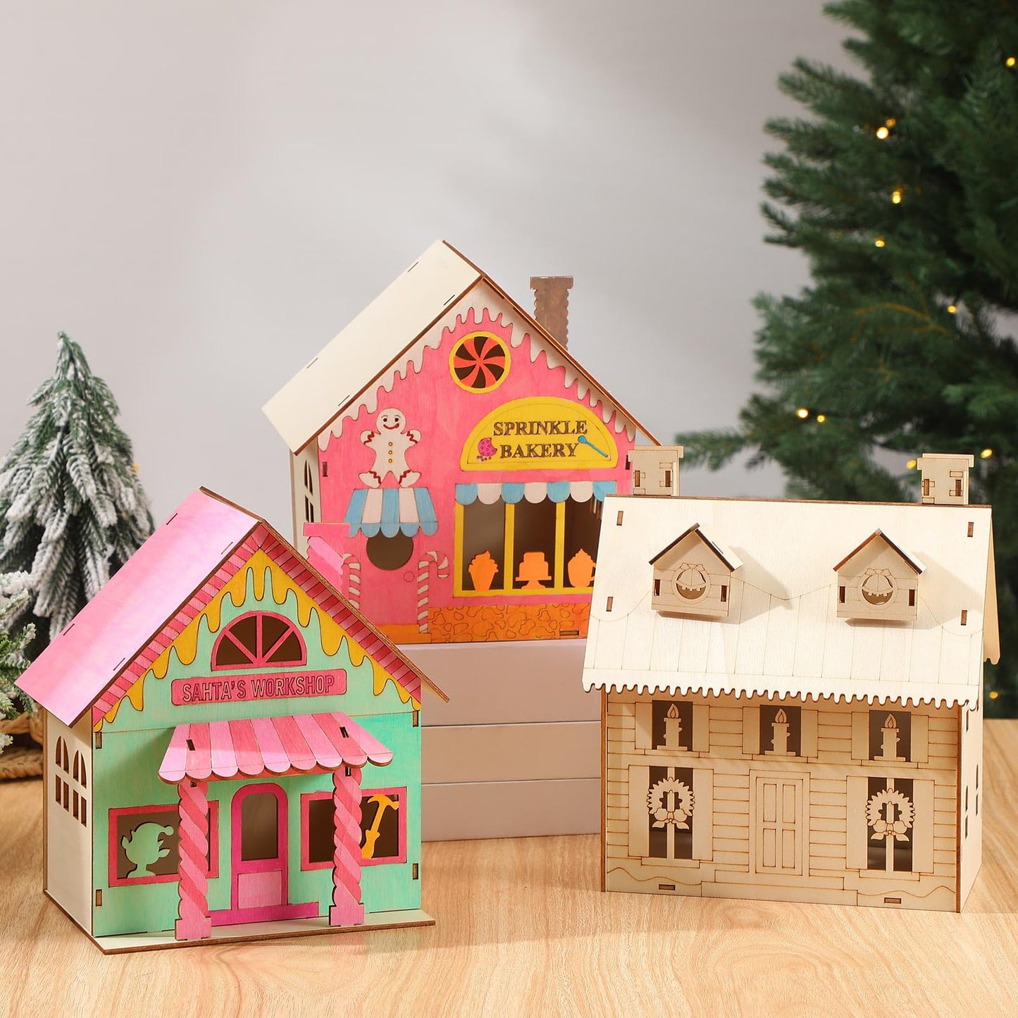 Thyle 6 Pcs DIY Wooden Christmas Gingerbread House Paints Kit, Unfinished Paint and Sip Kit Wooden 3D Holiday House for Adult Craft with Glitter Glue Paint Pen for Christmas Girl Night Art Favor Decor
