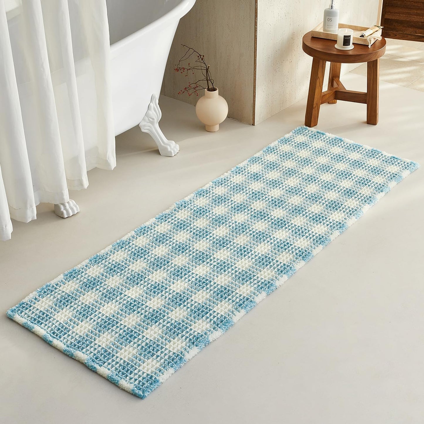 Waffle Runner Rug Bathroom, Long Boho Bathroom Rugs Non Slip Washable Absorbent Checkered Bathroom Mat Quick Dry Cute Bath Mat, 72"x24" Blue and White