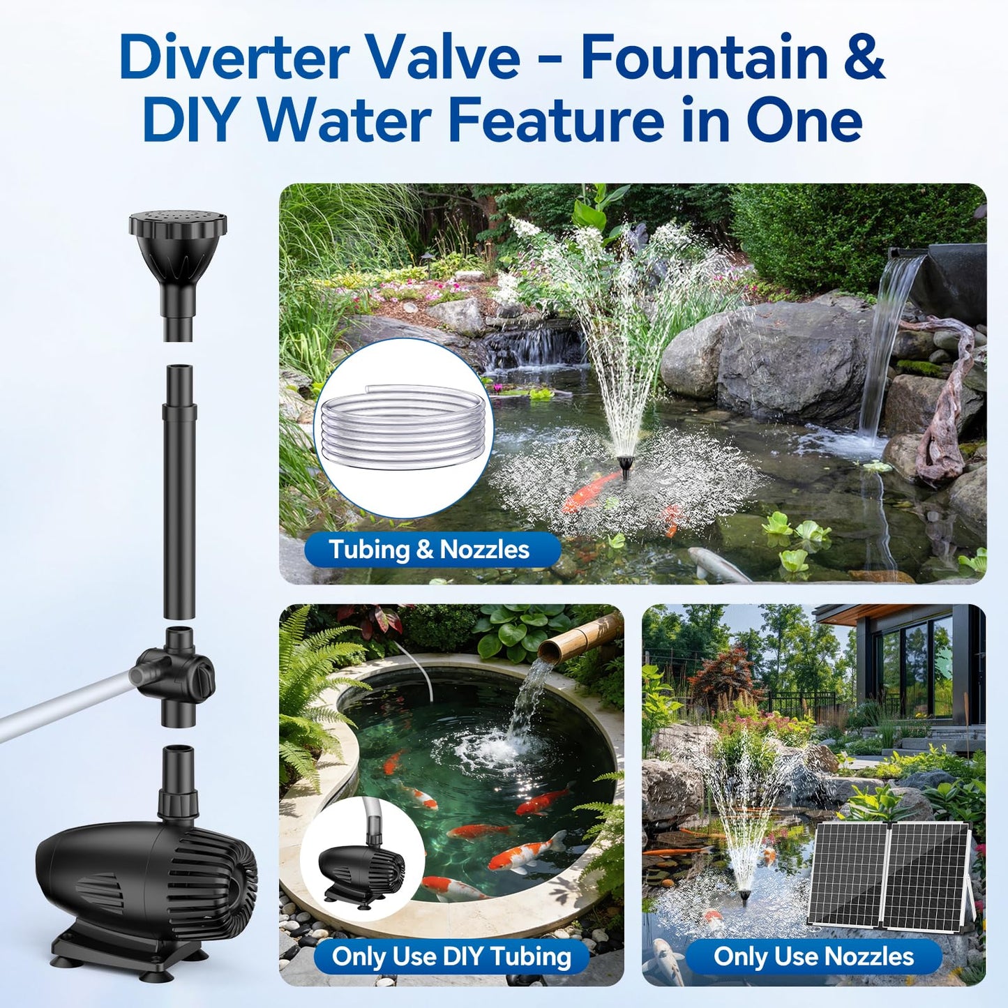 NFESOLAR 55W Solar Fountain Pump, 580GPH Solar Pond Pump with Dry-Run Protection, Foldable Solar Panel, 16.5FT Cord, 10FT Extension Cable, PVC Tubing for Outdoor Ponds, Waterfall, Garden, Hydroponics