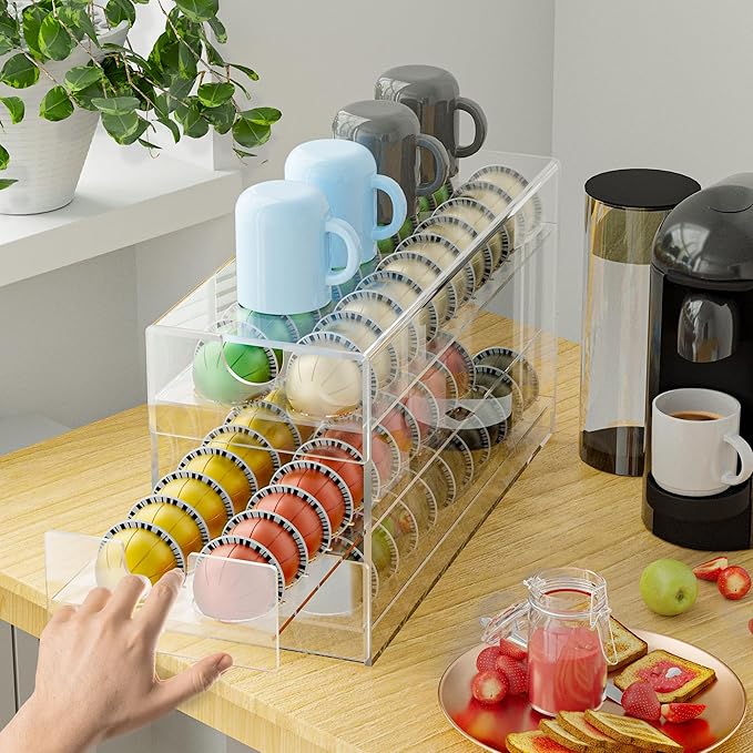 Acrylic Coffee Pod Organizer for Nespresso Vertuo Pod Holder 60 Pods Clear Vertuo Pod Storage Drawer (3 Tier)