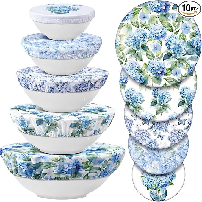 Patelai 10 Pcs Bowl Covers Reusable in 5 Size Stretch Cloth Fabric Elastic Food Storage Bowl Covers Bread Sourdough Lids for Proofing Food Fruits Leftover(Blue, White, Green,Hydrangea Style)