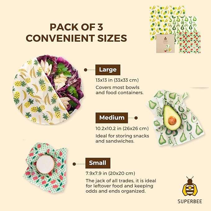 SUPERBEE Beeswax Wrap for Food, Set of 3 Bees Wax Wraps, Reusable Bees Paper for Wrapping Vegetables, Cheese, Bowl Covers and Sandwich Wrapping Paper, Beeswax Food Wraps (Fruit Punch)
