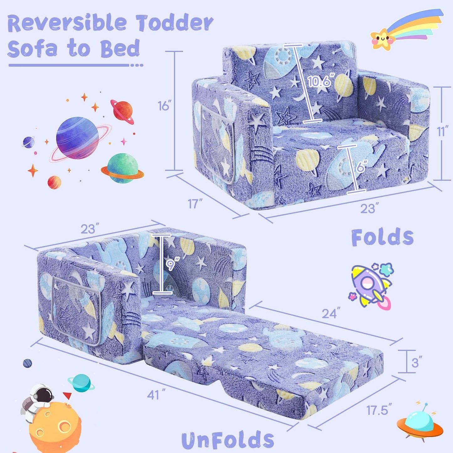 Toddler Couch,Toddler Chair,2-in-1 Baby Seat Furniture Fold Out, Convertible Sofa to Lounger Comfy Glow in The Dark Sofa Bed,Gifts for Kids Girl Boys,Rocket,Medium