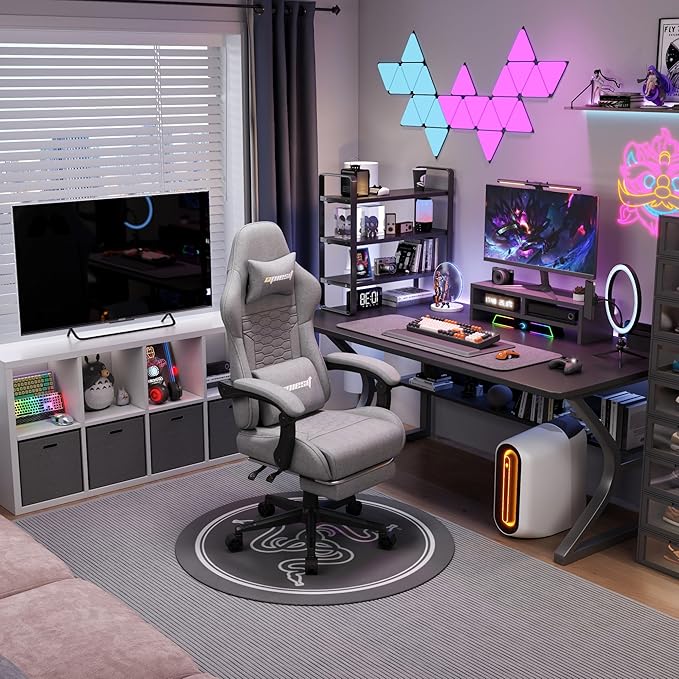 Gaming Chair,Fabric Computer Chairs with Lumbar Support and Massager,Ergonomic Office Chair with Footrest & Pocket Spring Cushion,Bearing 400 LBS(Grey