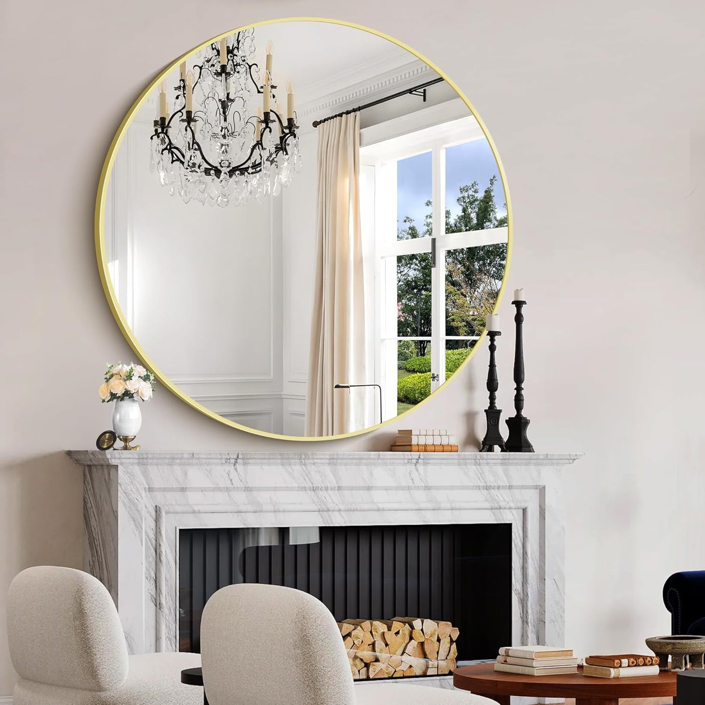Gold Round Mirror, 48 inch Large Circle Mirrors, Aluminum Metal Frame Big Round Bathroom Mirror, Oversized Circle Mirror, Huge Circular Mirrors for Wall Bathroom Entryway Bedroom Living Room