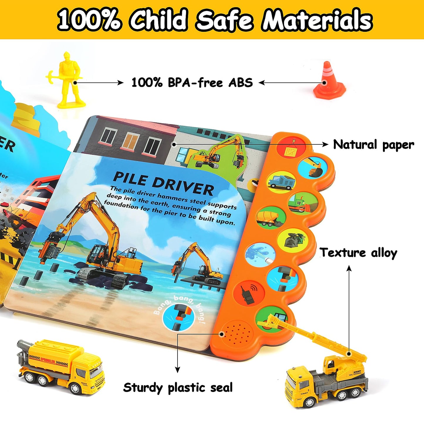 iGRATENS Construction Toys with Sound Books - Dig It! Dump It! Build It! Construction Board Book with 10 Buttons & 20 PCS Toys for 3+ Year Old, Great for Little Alloy Truck Lovers Kids