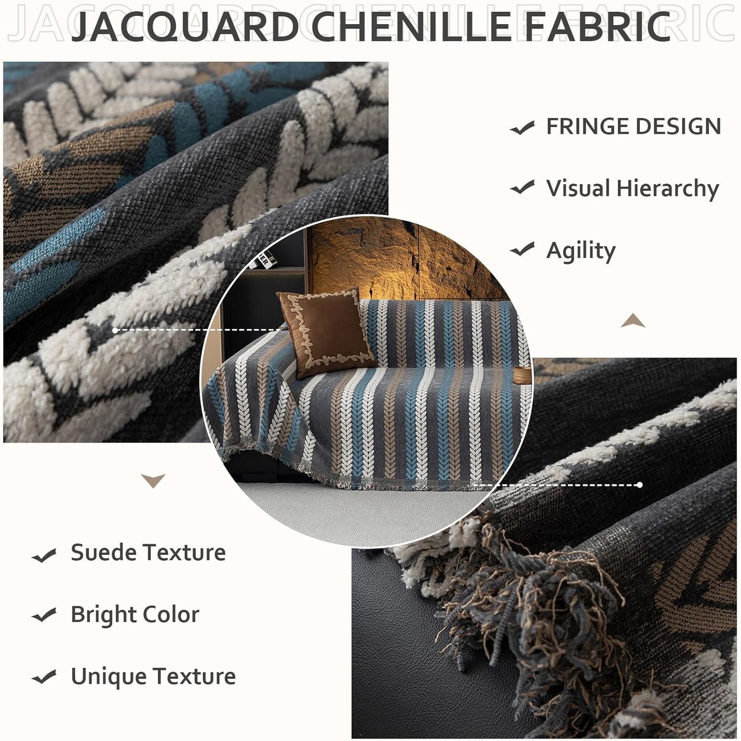 STACYPIK Boho Jacquard Leaves Sofa Cover, Blue Geometric Couch Cover for Dog, Washable Furniture Protector for 3 Cushion Couch, Non Slip Sectional Cover for Loveseat, L Shape Sofa Slipcovers-71X150IN