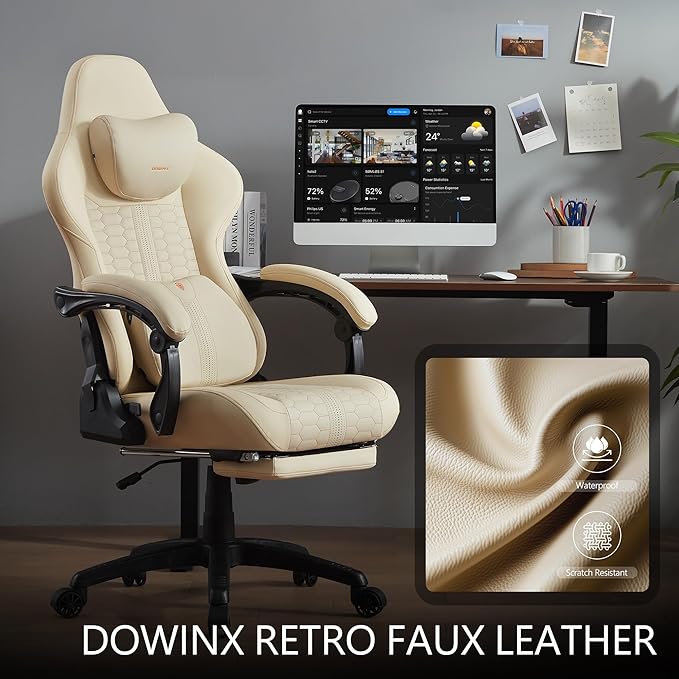Dowinx Gaming Chair for Adults with Dual-Point Massage, Ergonomic Racing Style Game Chair Footrest, High Back Computer Chair 360° Swivel for Office,400LBS, Whtie