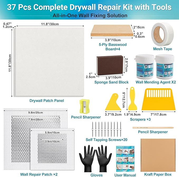 37 Pcs Drywall Repair Kit with 12"x12" Dry Wall Panel, Dry wall Patch Kit Sheetrock Repair Kit with Spackle, Mesh Tape, Putty Knives & Sanding Block for Sheet Rock Wall Surface Ceiling Large Hole Fill