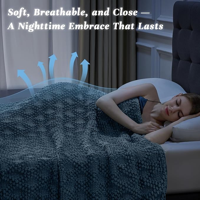Knitted Weighted Blanket for Adult, Chunky Knit Weighted Throw for Sleep 60"*80" 20lbs, Cooling Breathable Machine Washable Heavy Blanket for Room Decor (HazeBlue, Queen)