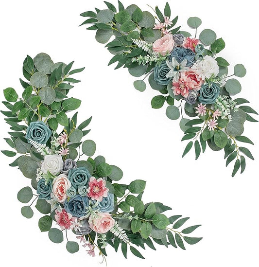 Wedding Arch Flowers, Artificial Floral Decor for Wedding Ceremony & Reception, Standard Size Large Flower Swag Set for Backdrop & Welcome Sign, Pack of 2 (Pink & Blue)