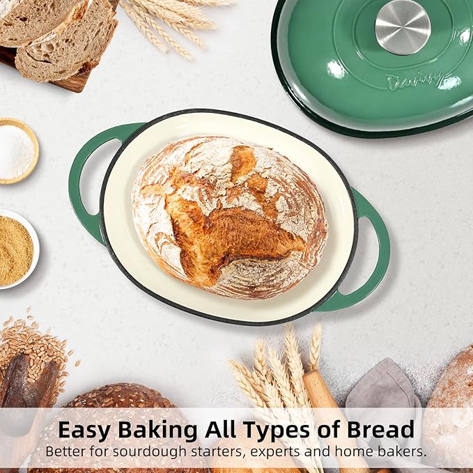 Davivy 6QT Enameled Oval Dutch Oven for Sourdough Bread Baking with Lid, Oval Cast Iron Bread Pan with Silicone Baking Mat, Cast Iron Sourdough Baking Pan - Forest Green