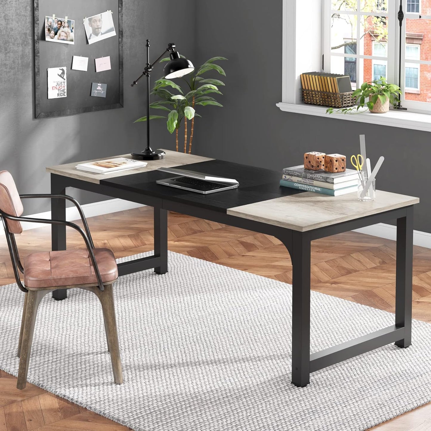 Tribesigns Modern Computer Desk, 70.8 x 31.5 inch Large Office Desk Computer Table Study Writing Desk Workstation for Home Office, Black Metal Frame, Grey Oak