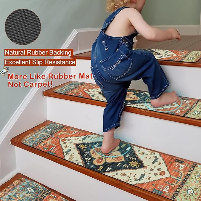 OJIA Non-Slip Carpet Stair Treads for Wooden Steps Set of 15, 30''X8'' Indoor Runner Resistant Rugs Rubber Safety Mats for Dogs, Kids & Elders, Stairway Grip