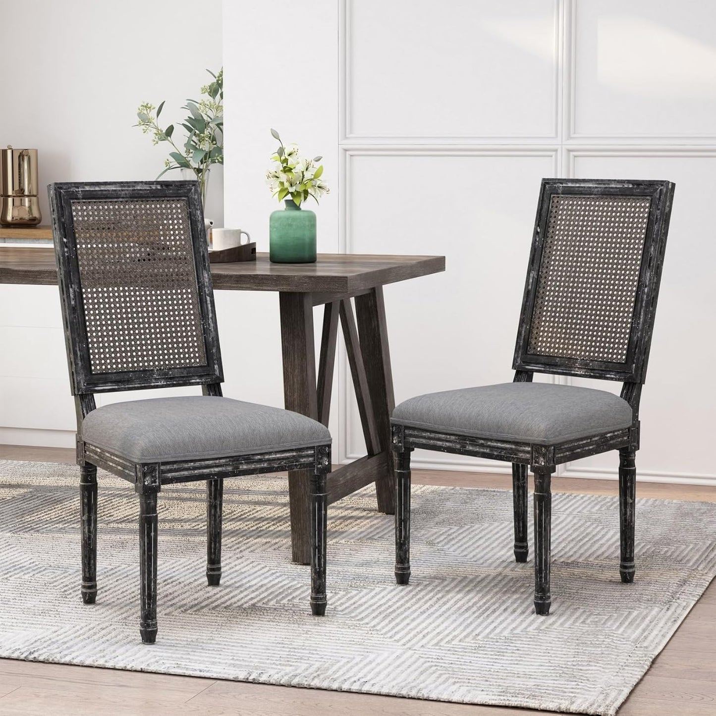 Merax Upholstered Solid Wood Dining Chairs Set of 2, French Country Style Accent Side Seating Furniture for Kitchen, Living Room, Wicker Back, Grey