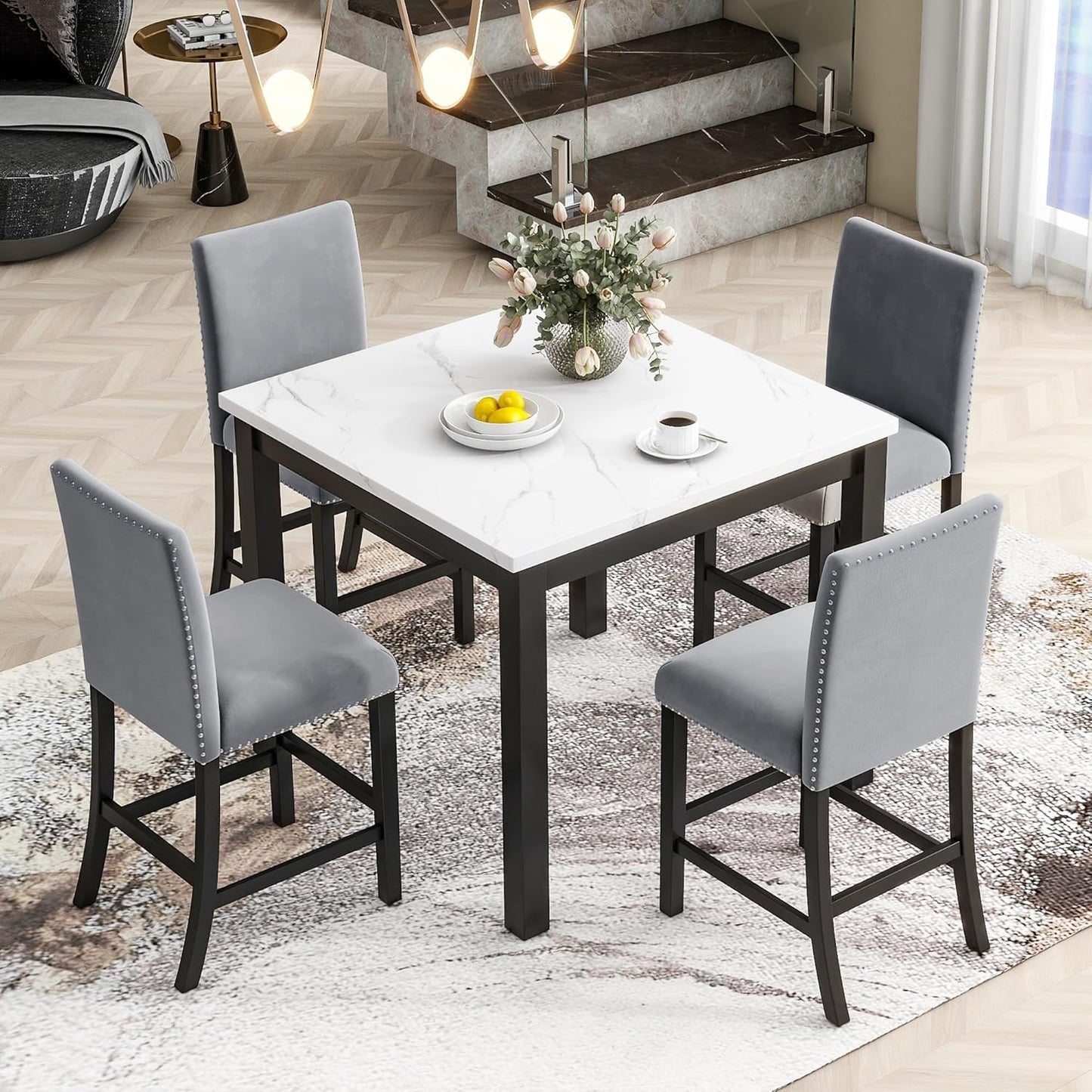5 Pieces Dining Table Set with 35" Rectangle Faux Marble Top Table,Living Room Furniture W/ 4 Velvet-Upholstered Chairs,for Restaurant,Home Bistro,Gray