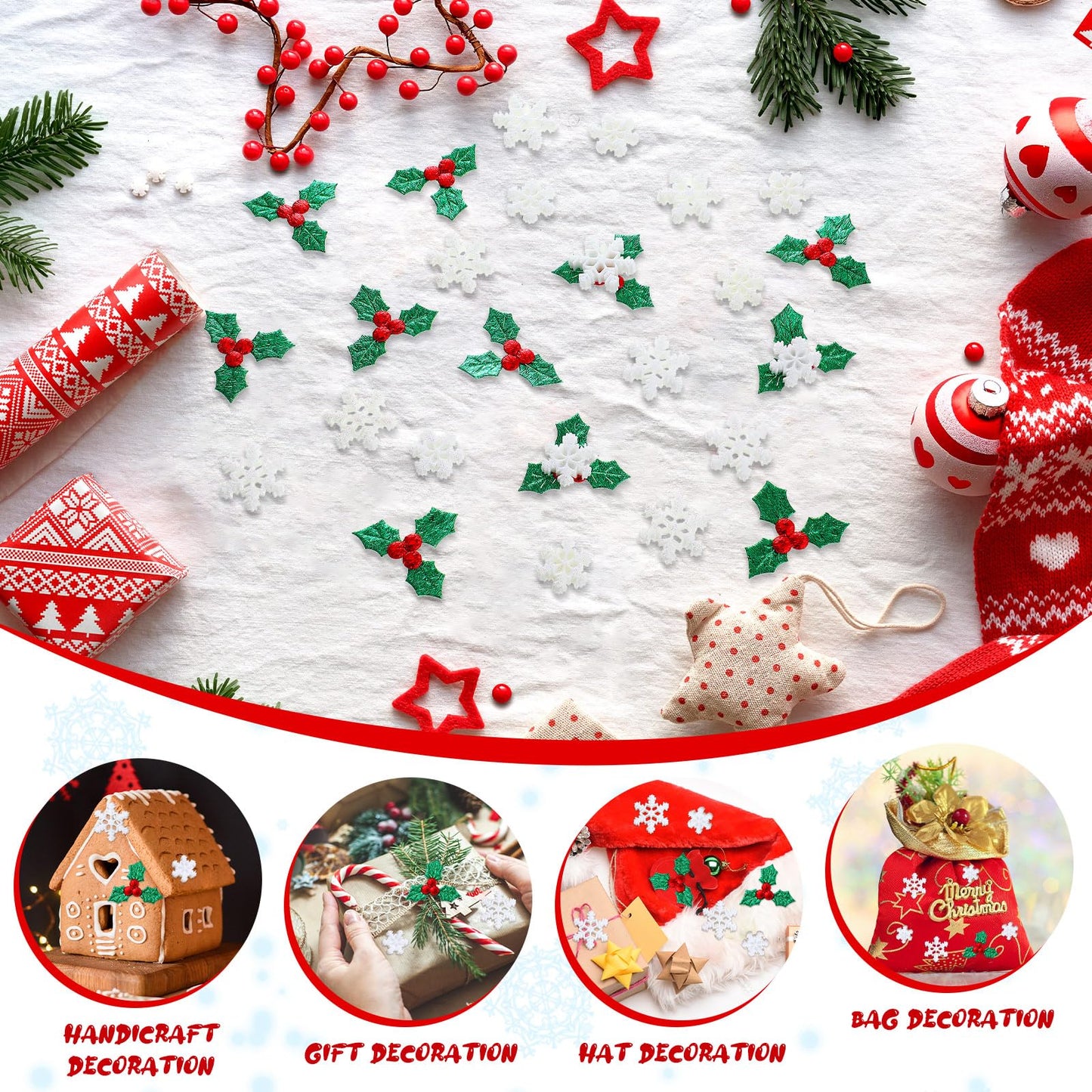 Wenqik 300 Pcs Mini Resin Snowflakes Holly Green Leaves Decors and Berries Charms for Xmas Craft, Glitter Tiny Snowflake Buttons with Berries Embellishments for Card Gift Xmas Holiday Party Supplies