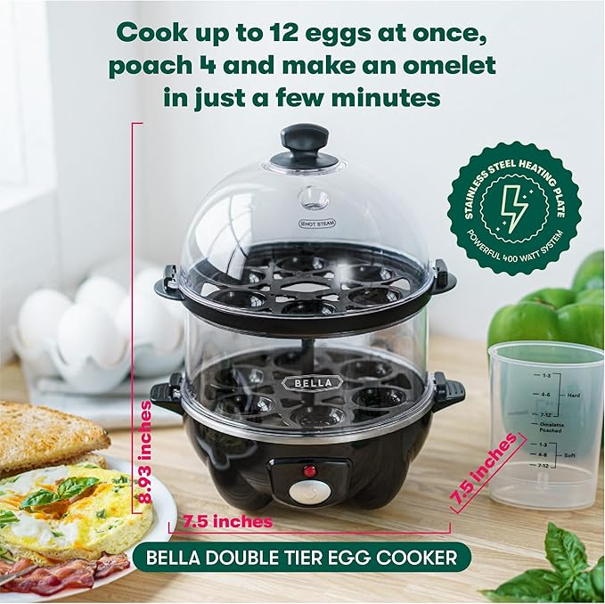 BELLA Double Tier Electric Egg Cooker and Omelet Maker with Auto Shut Off, for Easy to Peel, Poached Eggs, Scrambled Eggs, Soft, Medium and Hard Boiled Eggs, 12 Egg Capacity Tray Included, Black