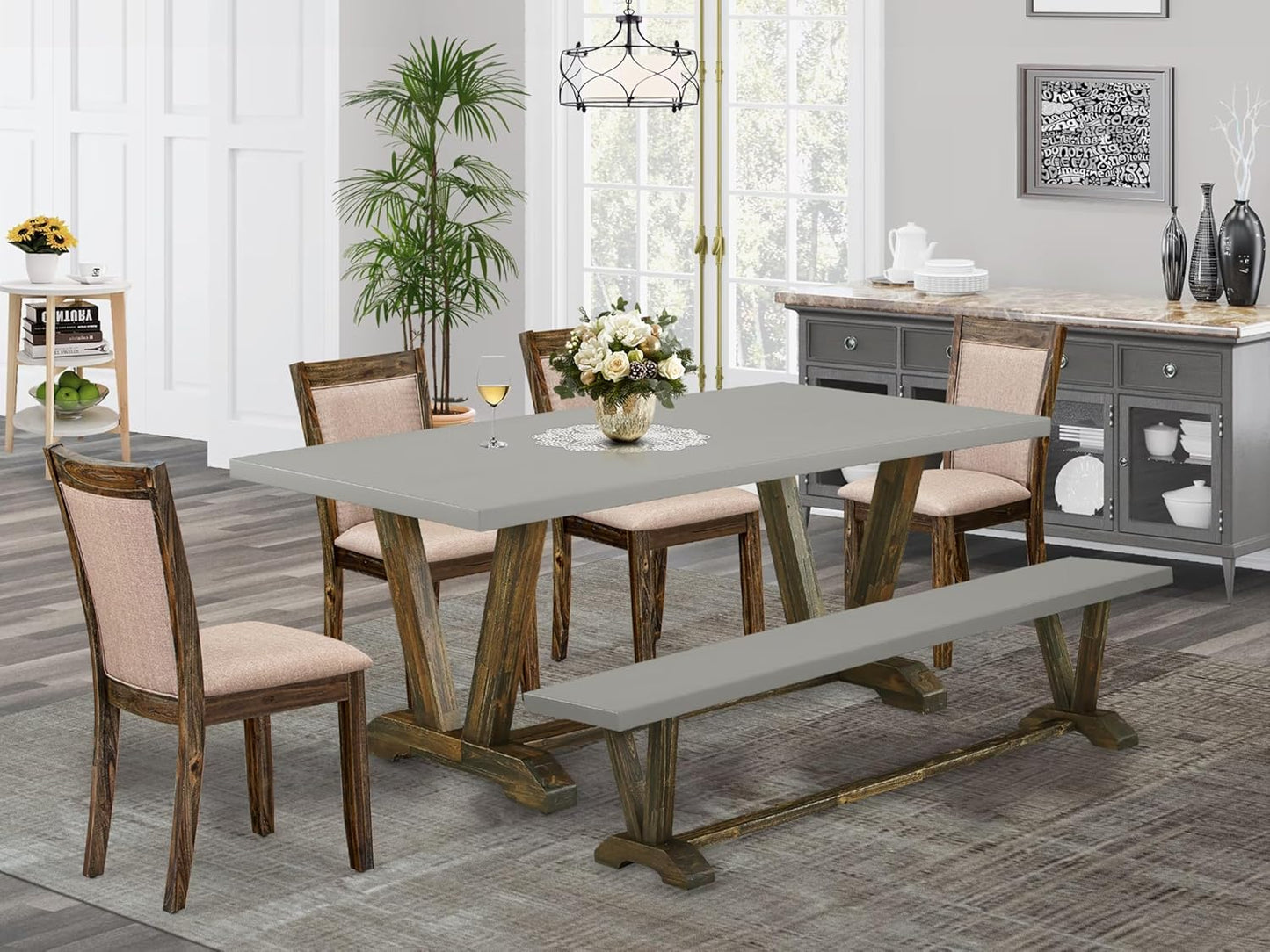 East West Furniture V797MZ716-6 6 Piece Kitchen Table Set Contains a Rectangle Dining Table with V-Legs and 4 Dark Khaki Linen Fabric Parson Chairs with a Bench, 40x72 Inch, Multi-Color