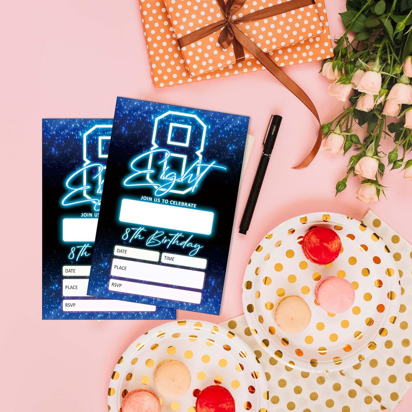 SIXEIGHT Blue 8th Birthday Party Invitations for Boys, Glow Neon Birthday Invitations, 20 Double Sided Invite Cards with Envelopes for Kids Girls, Party Decorations Supplies, 4"x6"-C08