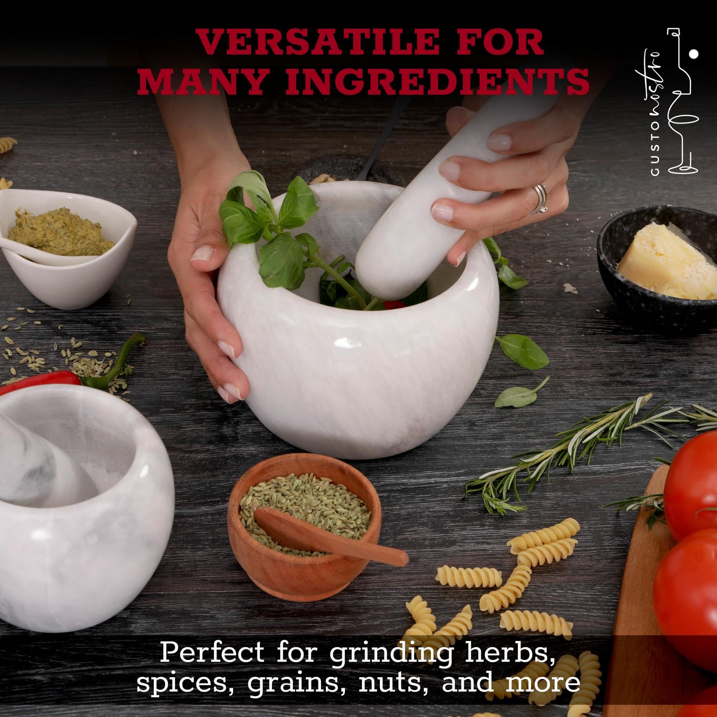 Gusto Nostro Natural Marble Mortar and Pestle Set | 6 Inch - 3.5 Cup Extra Large Mortar Pestle Set for Grinding Herbs, Nuts, Grains | Pesto Grinding and Guacamole Stone Bowl | Marble Spice Crusher