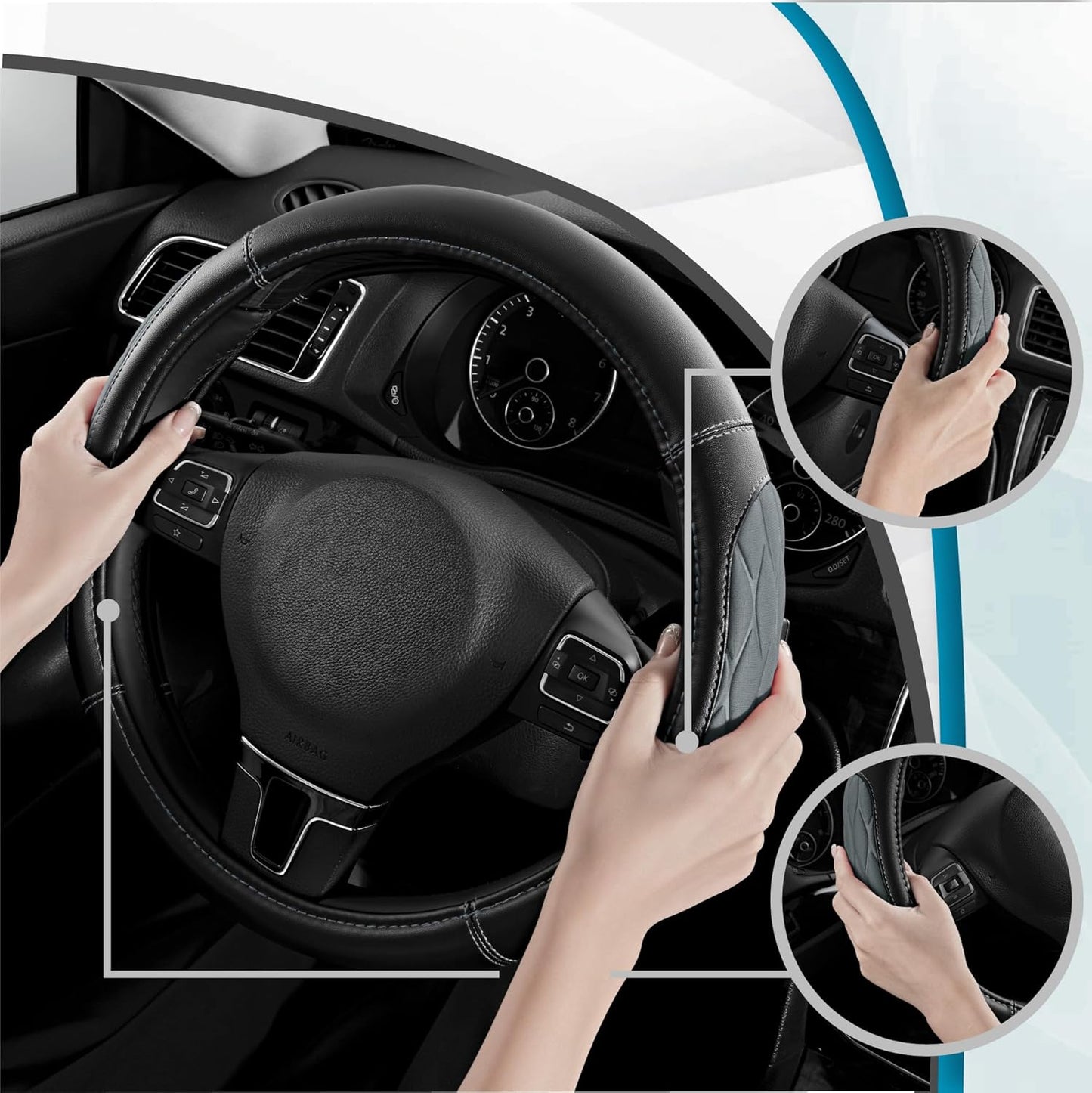 PIC AUTO Steering Wheel Cover, Gray Thick Rhombic Foam and Premium Leather, Universal 14.5-15.5 Inch Breathable Anti-Slip Steering Wheels Accessories for Men & Women
