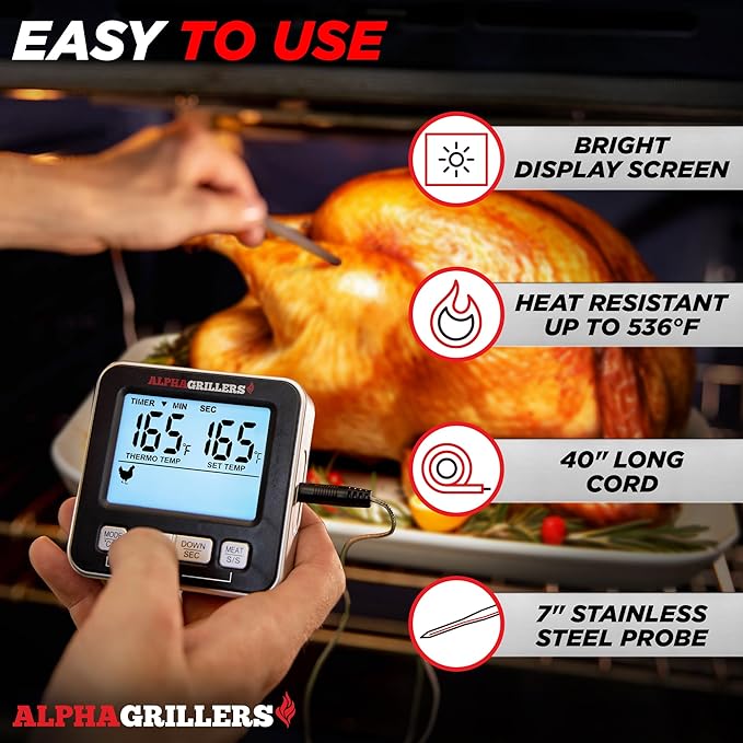 Alpha Grillers Oven Thermometer Probe - Turkey Thermometer Oven Safe Leave in Digital Meat Temperature Probe for Fryer - 7 Preset Temperature Alerts, Timer, & Alarm