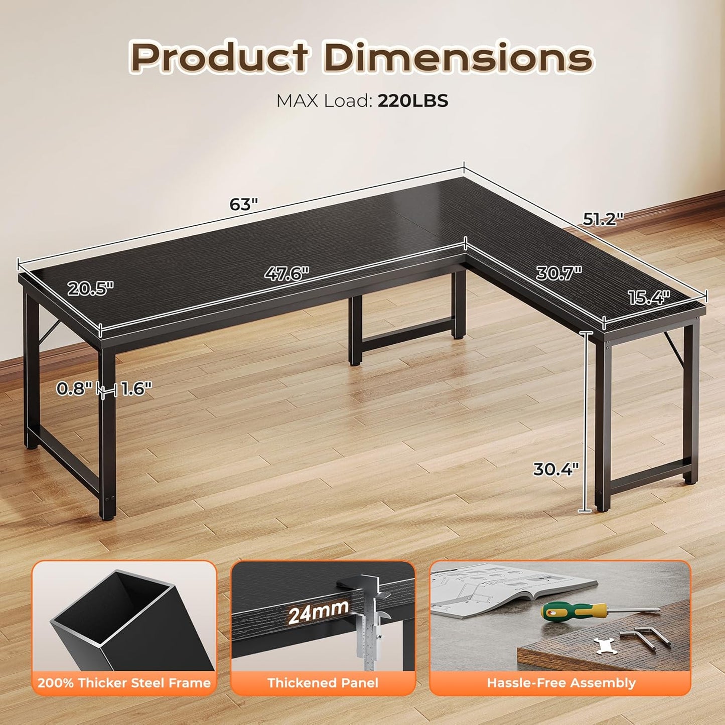 Huuger 63 Inch L Shaped Desk with 0.95 Inch Thicker Desktop, Reversible Computer, Larger Corner Office Gaming Desk, Robust Metal Frame, for Home Office, Study, Black