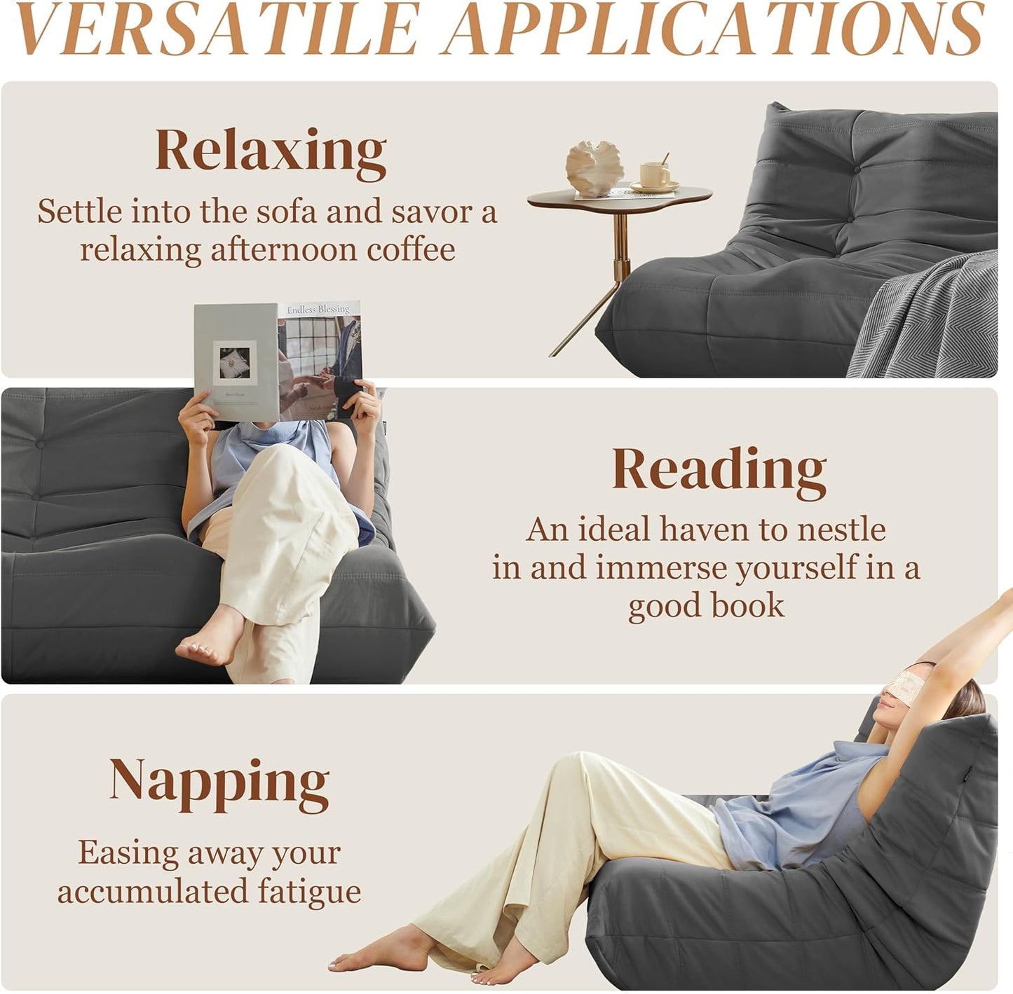 Bean Bag Chair, Large Fireside Chair Bean Bag Sofa for Adults, 3 Seater Bean Bag Chairs for Teens with High-Resilience Foam, Memory Foam Bean Bag for Living Room, Bedroom, Office (Suede, Dark Gray)