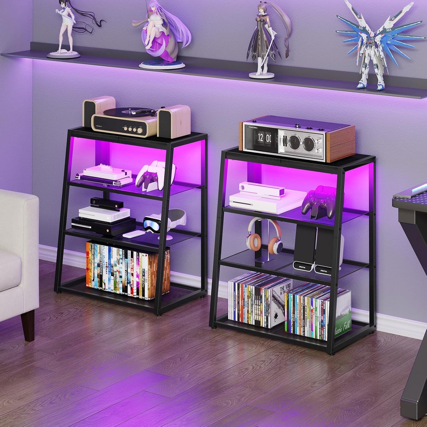 HOOBRO 4-Tier AV Media Stand with Charging Station and LED Light, Wooden Stereo Cabinet, Corner TV Stand, Rack Audio Tower, Corner Entertainment Center, Black BB107UDCJ01