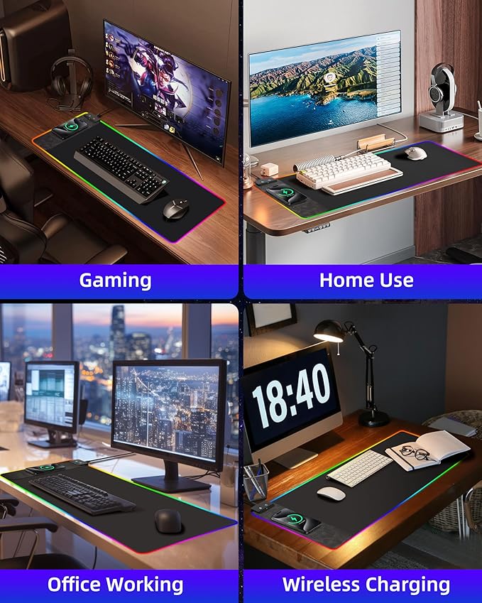 Wireless Charging RGB Gaming Mouse Pad 10W, 31.5"x11.8" Large Desk Mat, Led Mouse Pad, 9 Light Modes, Non-Slip Rubber Base, Waterproof Computer Keyboard Mat for Gaming Home Office, Black with Adapter
