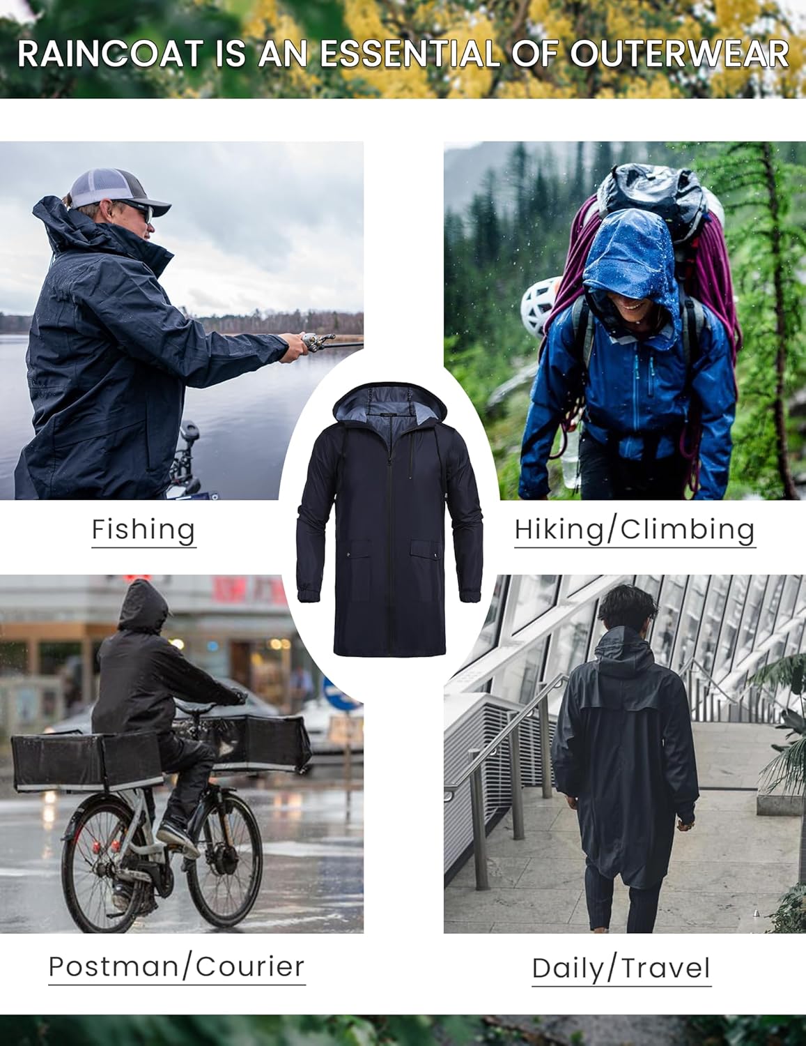 COOFANDY Men's Long Raincoat Ligtweight Rain Jacket Waterproof Outdoor Jackets with Hood
