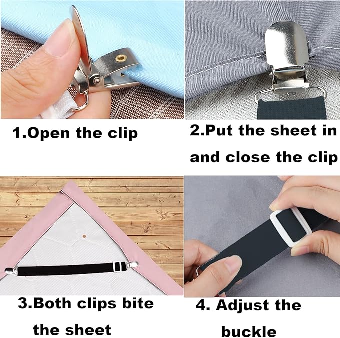 10 pcs Adjustable Bed Sheet Straps,Bed Sheet Clips, Elastic Bed Fitted Sheet Holder,Fitted Sheet Straps Clips,Sheet Fastener Suspenders to Hold Sheet ,Mattress Covers,Sofa Cushion,Table Clothing,Black