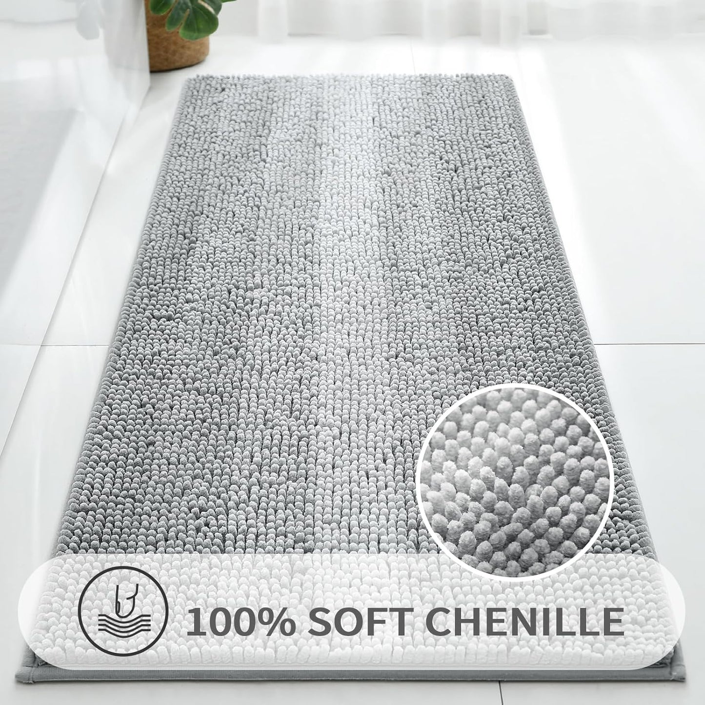 Gibelle Long Bathroom Rugs, Luxury Chenille Bath Mat, Small Non Slip Shower Rug and Bath Room Floor Mats, Machine Washable, Quick Dry Bathmat, Soft Cozy Plush Rug for Tub, 20" x 47", Grey