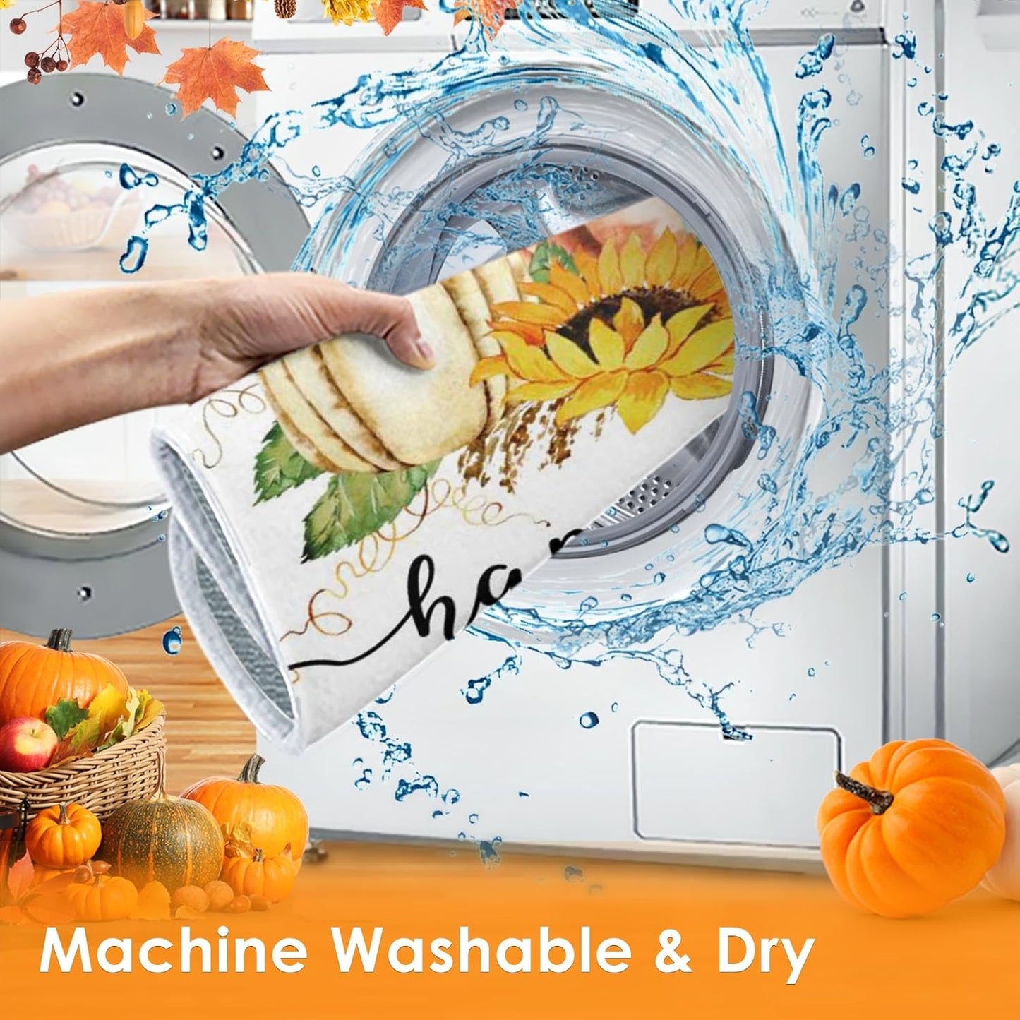 Sanwarm Absorbent Dish Drying Mat, Happy Fall Pumpkin Microfiber Pad for Kitchen Counter, Autumn Thanksgiving Fruit for Coffee Bar Decor, Heat Resistant and Reversible, 18" x 24"