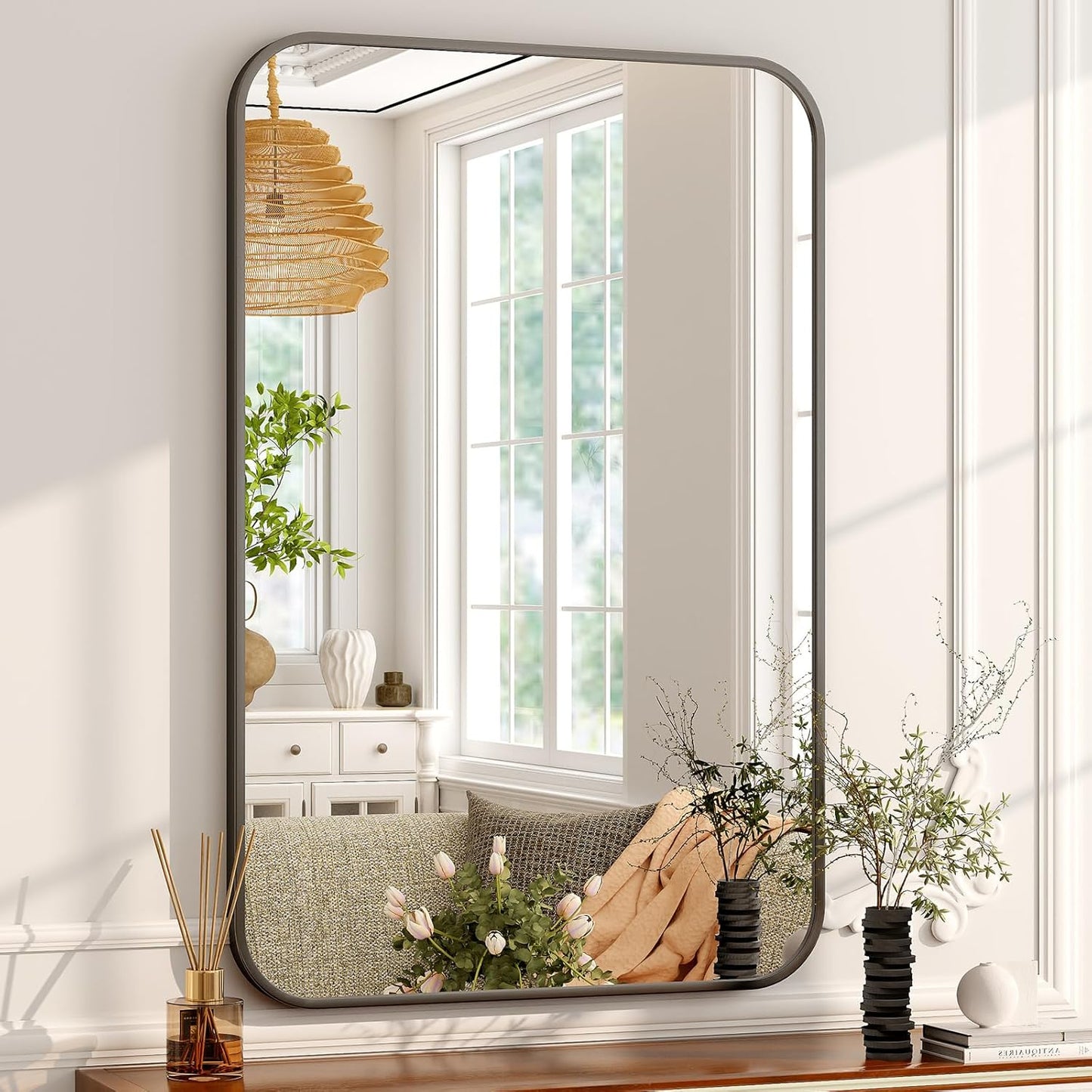 20 x 28 Inch Bathroom Mirror, Rounded Rectangular Vanity Mirror for Wall, Modern Mirror for Room Decor, Black Framed Wall-Mounted Mirrors for Home Decor, Hangs Horizontally or Vertically