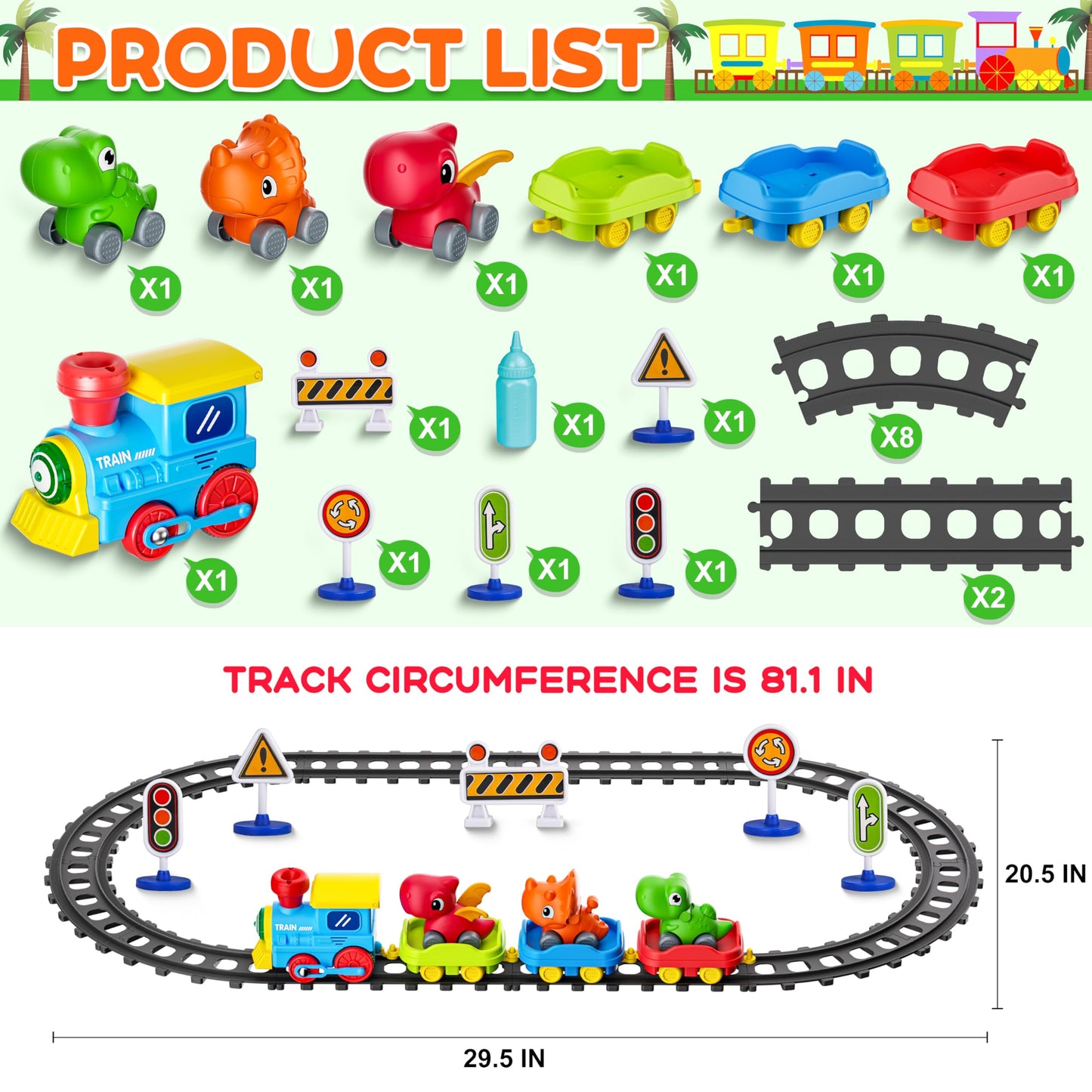 Train Set for Toddlers w/Steam, Music & Lights - Electric Train Toys for Kids w/Tracks Accessories, Including 3 Dinosaur Car and 3 Trailer, Christmas Birthday Gifts for 1-3 4 5 6+ Years Old Boys Girls