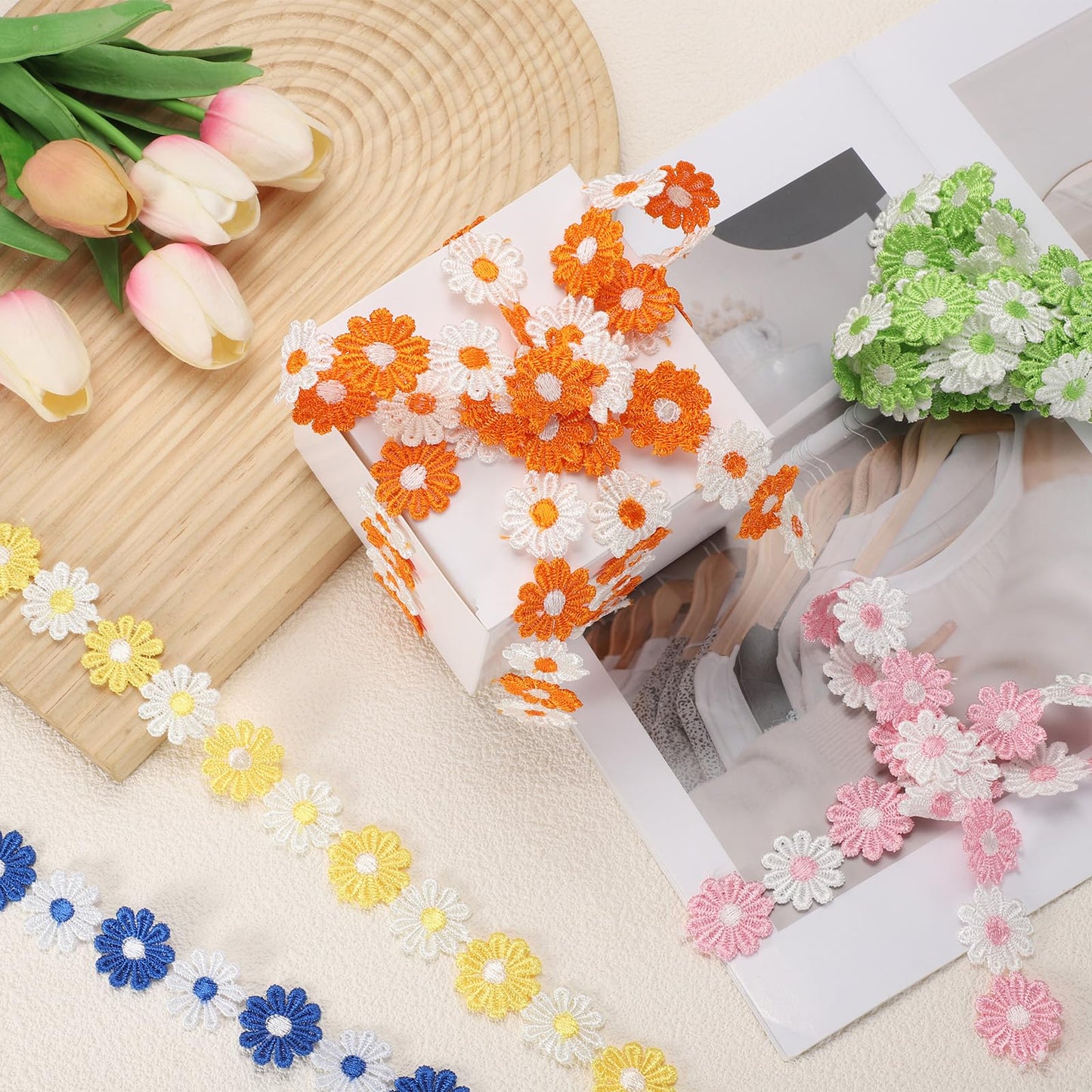 uxcell Flower Lace Trim, 5 Yards 1 Inch Wide Delicate Floral Edge Lace Trim Ribbon DIY Handmade Patchwork Ribbon Sewing Supplies Crafts, Orange-White