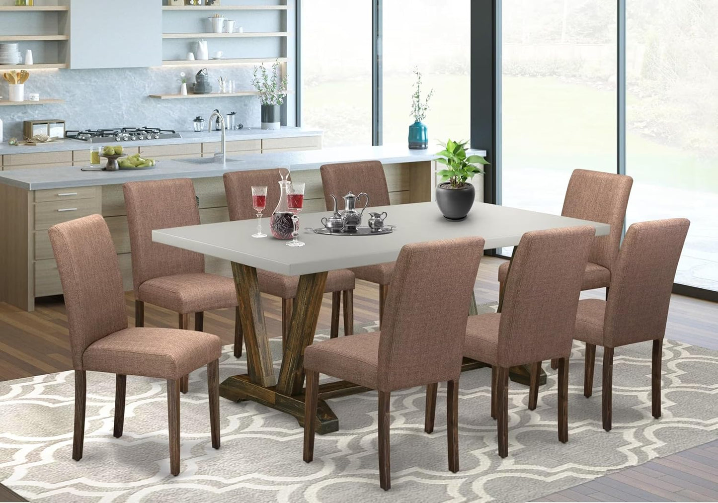 East West Furniture V797AB747-9 9 Piece Dining Table Set Includes a Rectangle Kitchen Table with V-Legs and 8 Light Sable Linen Fabric Upholstered Chairs, 40x72 Inch, Multi-Color