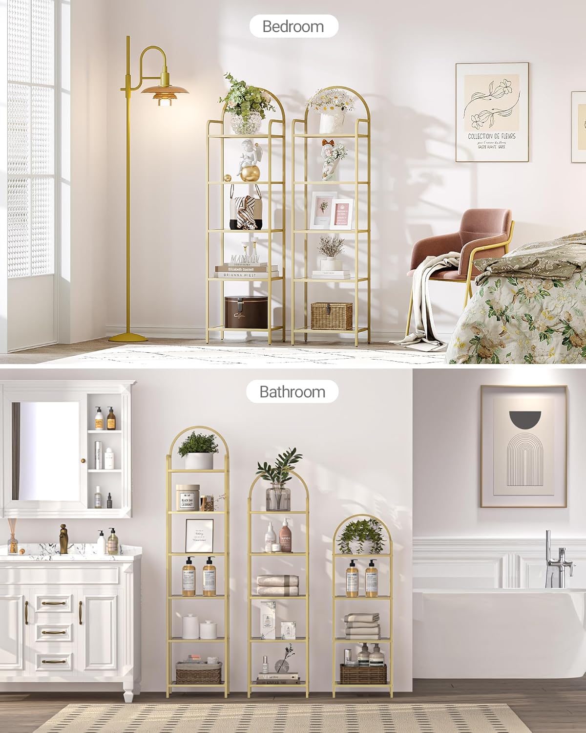 Bookcase Bookshelf, Tempered Glass Bookshelves, Slim Shelving Unit for Bedroom, Bathroom, Home Office, Steel Frame, 6 Tier Gold BC10601G