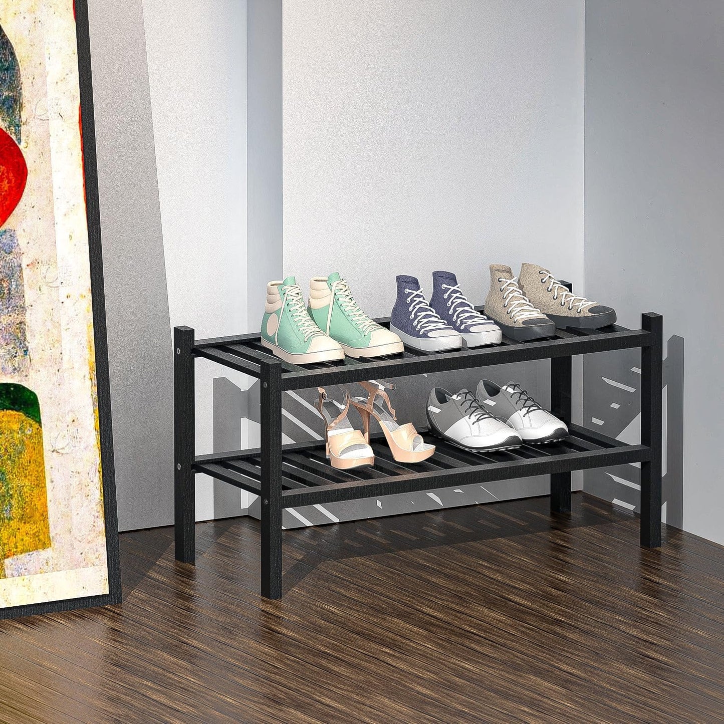 Shoe Rack 2-Tier Organizer-Stackable Storage Shelf with Multi-Function Combinations-Free Standing Bamboo Shoe Racks for Closet,Entryway,Hallway,Bathroom,Living Room Shoe Organization (Black, 2-Tier)
