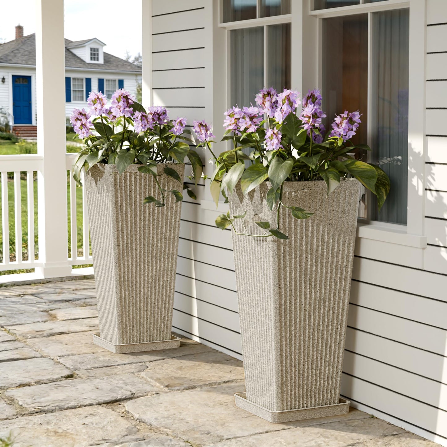 Trygoal Tall White Planters for Outdoor Plants - 23.6" Classic Tapered Large Outdoor Planters Set of 2 with Drainage Holes/Partition/Tray, Heavy-Duty Front Porch Planter for Porch Patio, Garden Vase