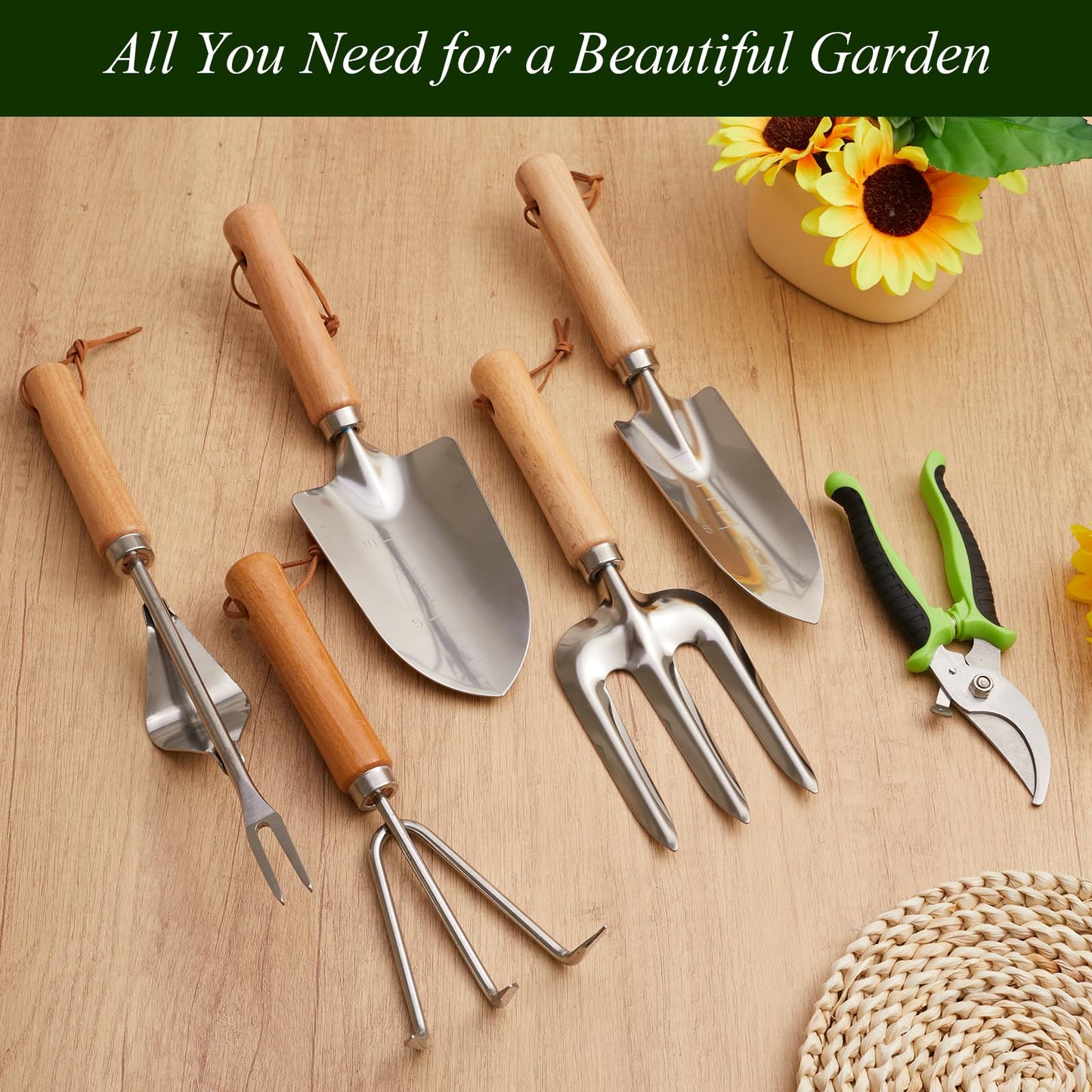 VerdantVibes 10-Piece Garden Tool Set - Heavy Duty Stainless Steel Gardening Kit with Wood Handle, Pruners & Vegetable Print Tote Bag - Unique Gardening Gifts for Women Mom Grandma